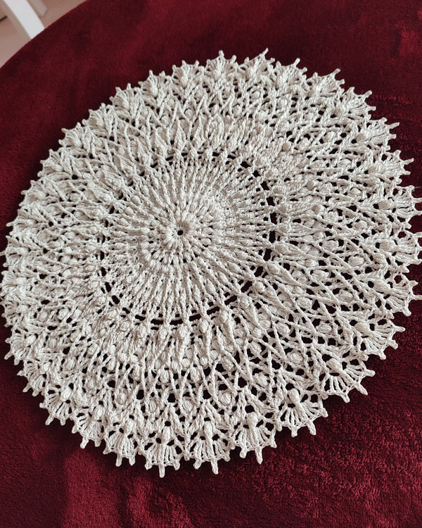 White crochet doily, textured centrepiece with many 3D elements, lace mandala handmade