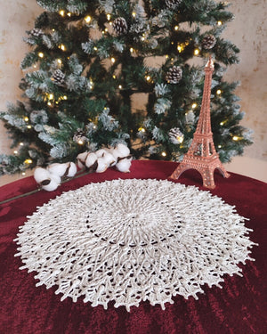 White crochet doily, textured centrepiece with many 3D elements, lace mandala handmade