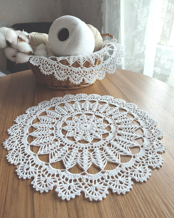 Classic white round crochet doily for decorating breakfast trays and flower compositions