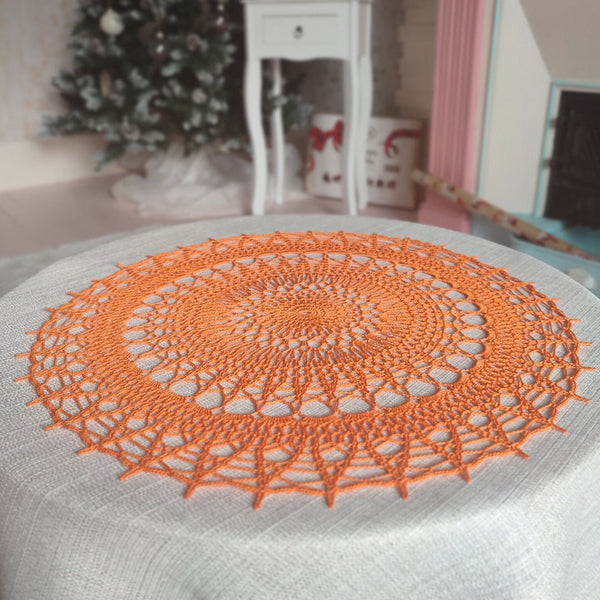 Bright orange large and cheerful lace crochet doily
