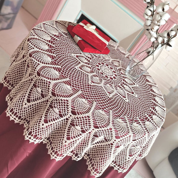 Round crochet tablecloth in beautiful nude beige colour 140cm diameter