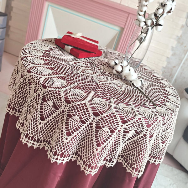 Round crochet tablecloth in beautiful nude beige colour 140cm diameter