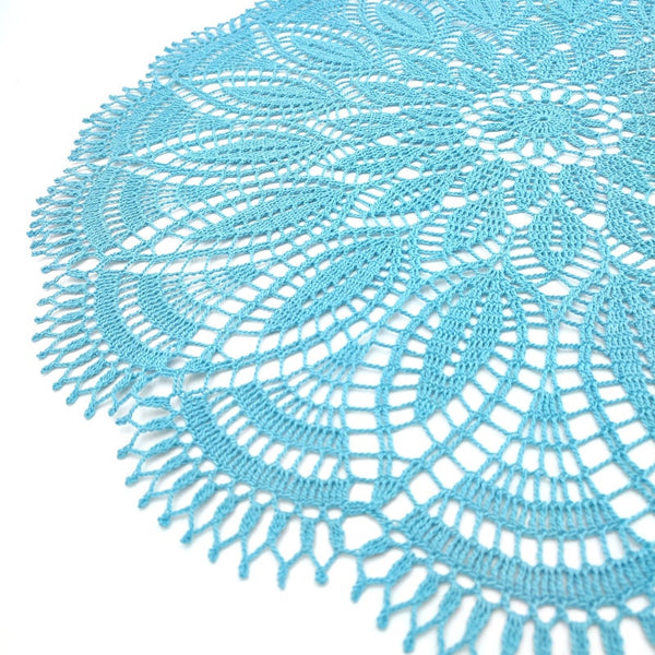 Large mint blue colour doily or small crochet tablecloth for a round coffee table