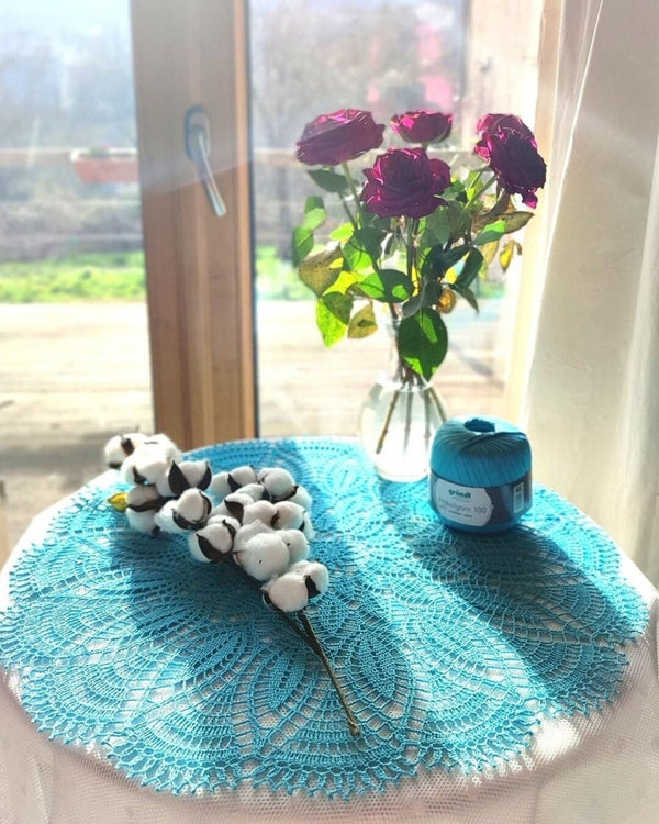 Large mint blue colour doily or small crochet tablecloth for a round coffee table