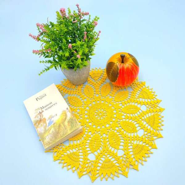 Bright yellow crochet doily 35cm, beautiful round handmade centrepiece