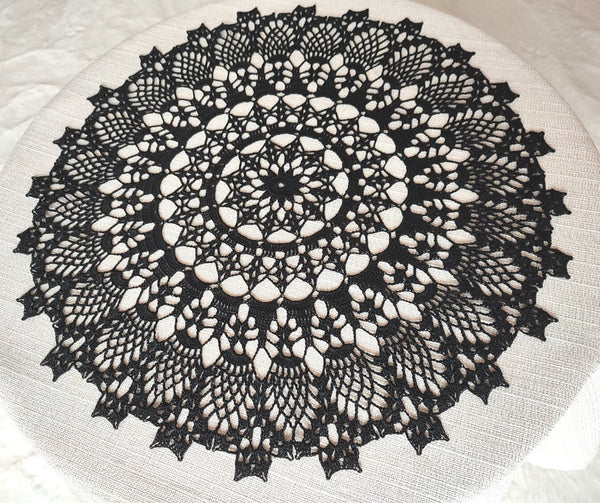 Black lace handmade crochet doily with gothic pattern