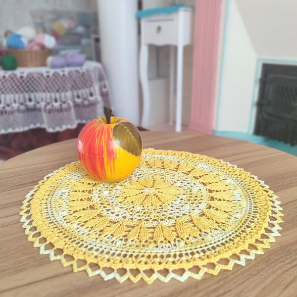 Cute yellow crochet doily with hearts