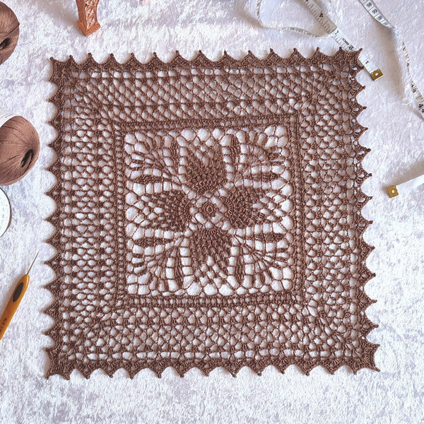 Crochet square table runner in chocolate brown colour
