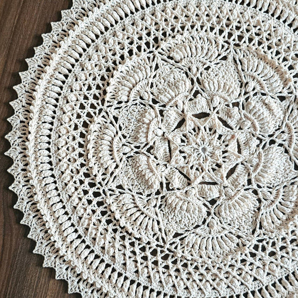 Large ivory textured crochet doily made of pure cotton