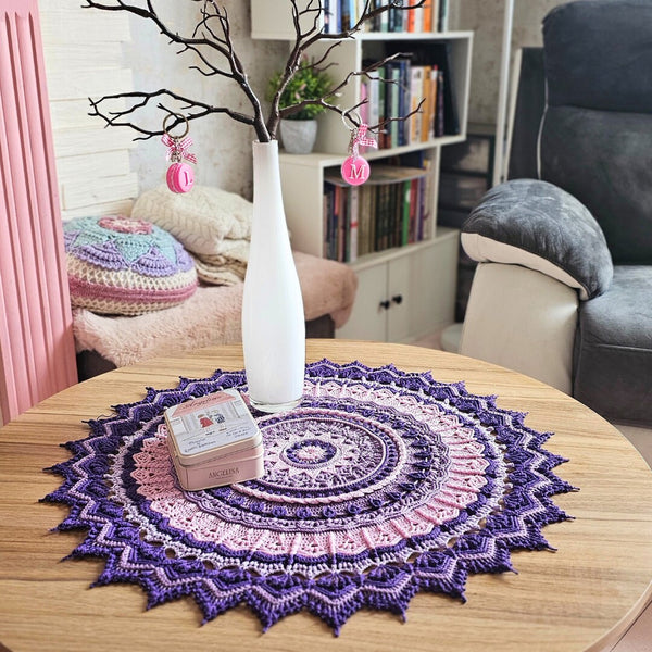 Gorgeous one-of-a-kind textured mandala centrepiece, large purple crochet doily 60cm
