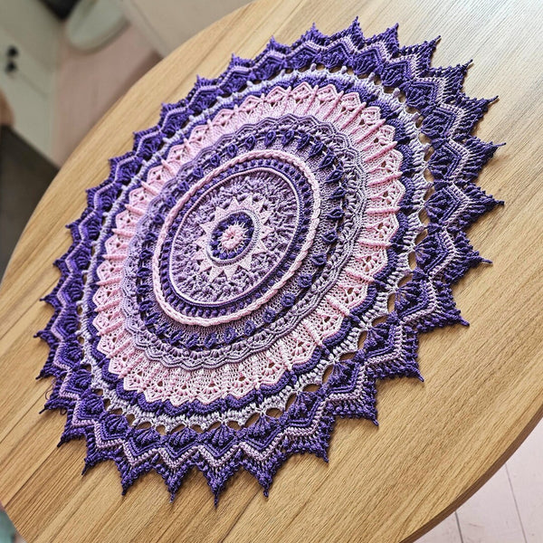 Gorgeous one-of-a-kind textured mandala centrepiece, large purple crochet doily 60cm