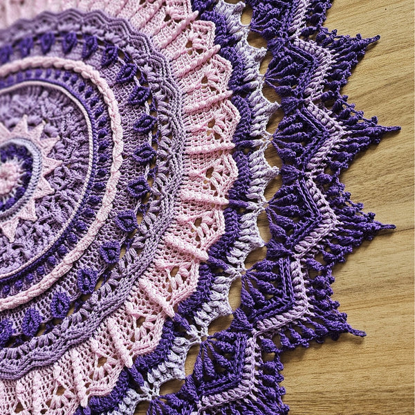 Gorgeous one-of-a-kind textured mandala centrepiece, large purple crochet doily 60cm