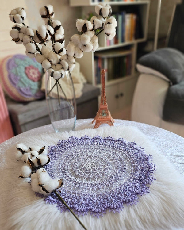 Light purple gradient textured doily 37 cm diameter.