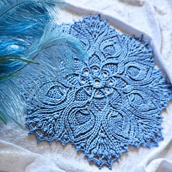 Blue textured doily mandala 30cm diameter.