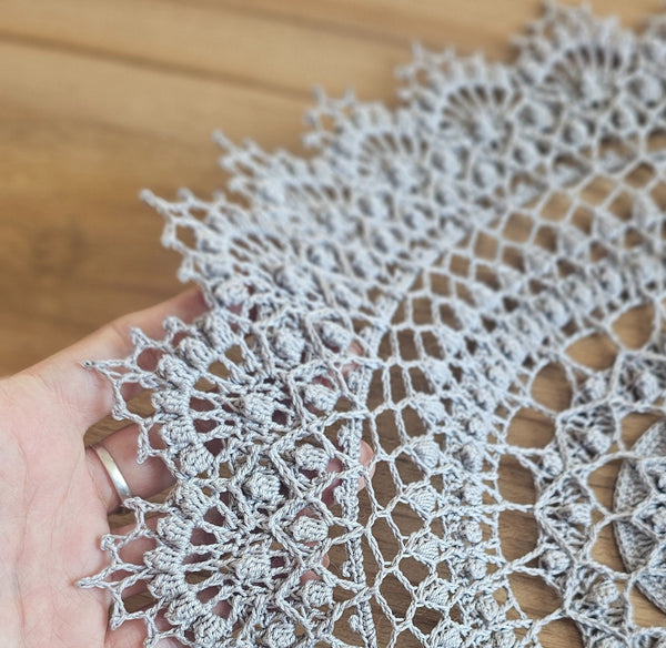 Silver grey crochet doily 37cm diameter