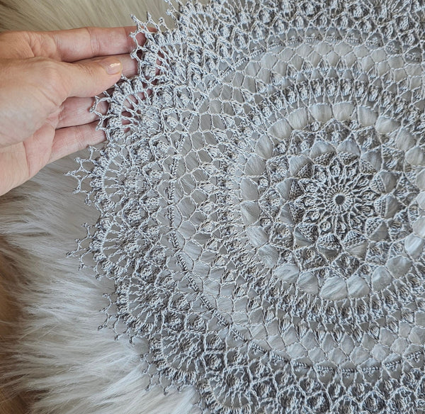 Silver grey crochet doily 37cm diameter