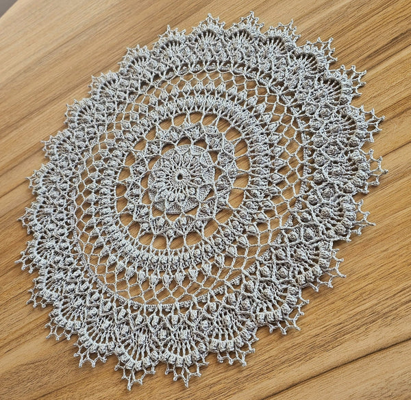 Silver grey crochet doily 37cm diameter
