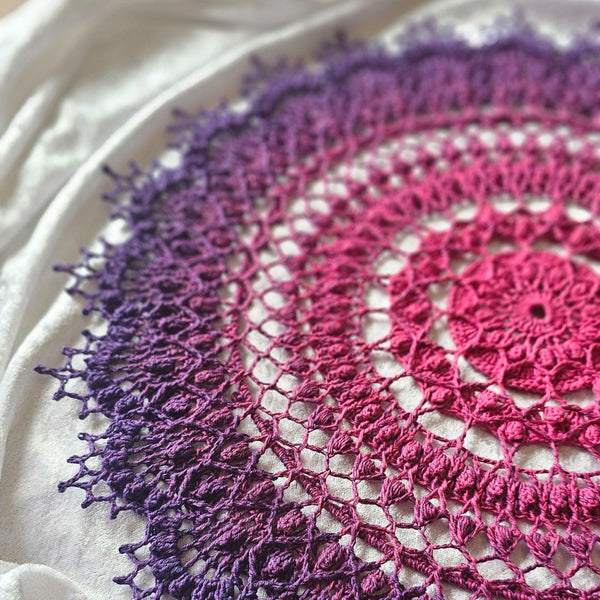 One-of-a-kind Large Textured Crochet Doily in fuchsia pink and purple colours 47cm diameter