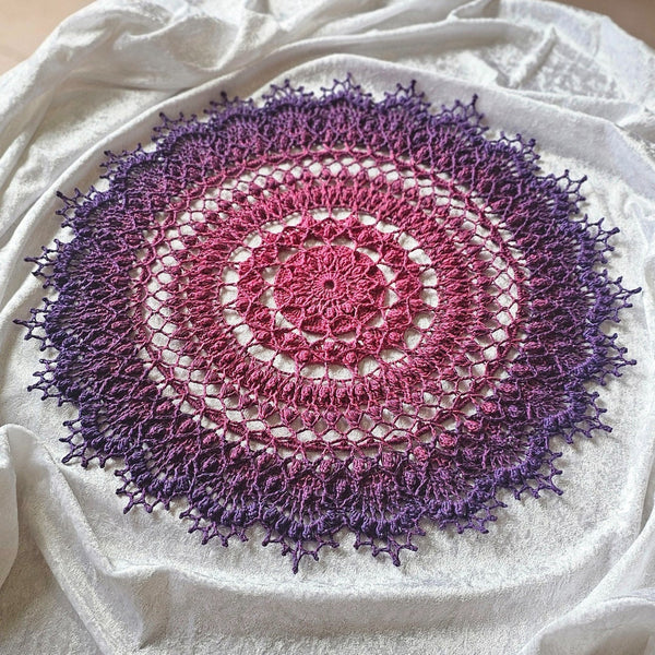 One-of-a-kind Large Textured Crochet Doily in fuchsia pink and purple colours 47cm diameter