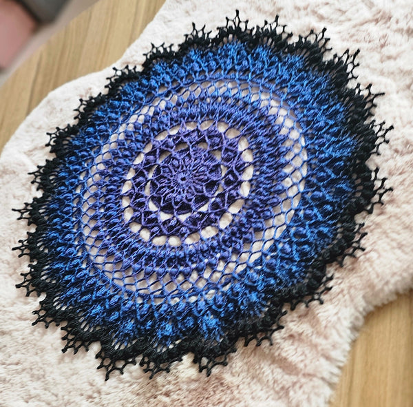 Large Textured Crochet Doily in blue and purple colours 47cm diameter.