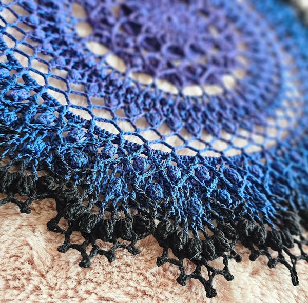 Large Textured Crochet Doily in blue and purple colours 47cm diameter.