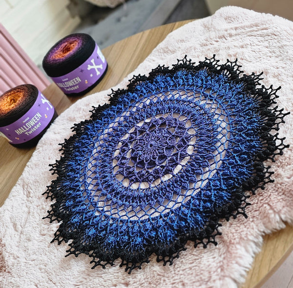 Large Textured Crochet Doily in blue and purple colours 47cm diameter.
