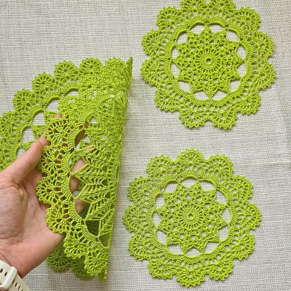 Set of a light green crochet doily and two coasters for an elegant vintage style tea party.